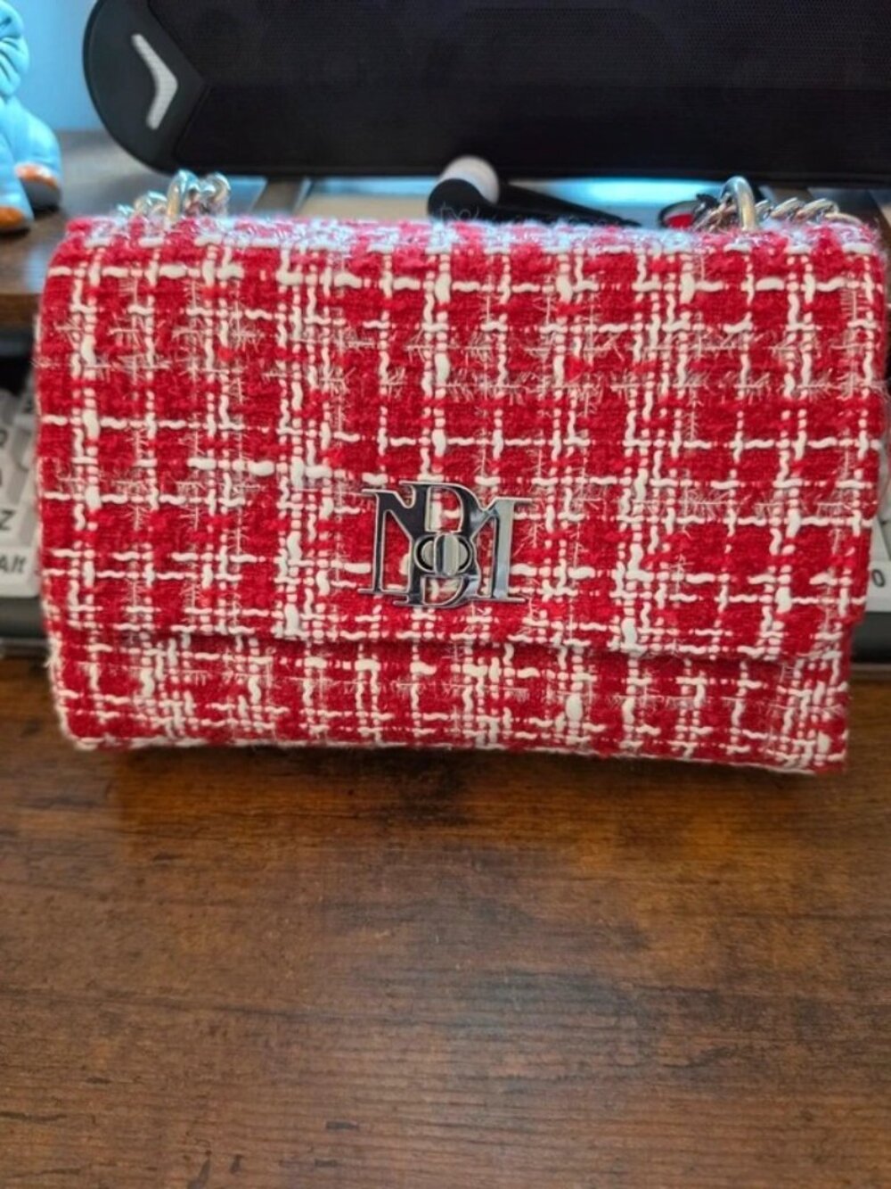 Badgley Mischka Red and White Tweed Crossbody Bag